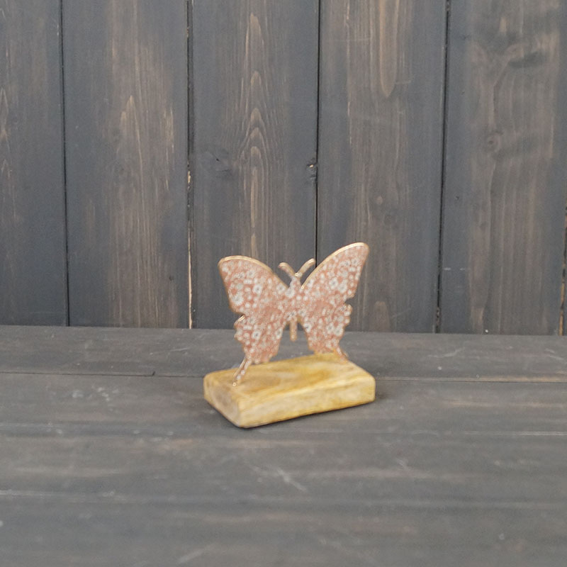 Small Pink Metal Butterfly on Wooden Base detail page